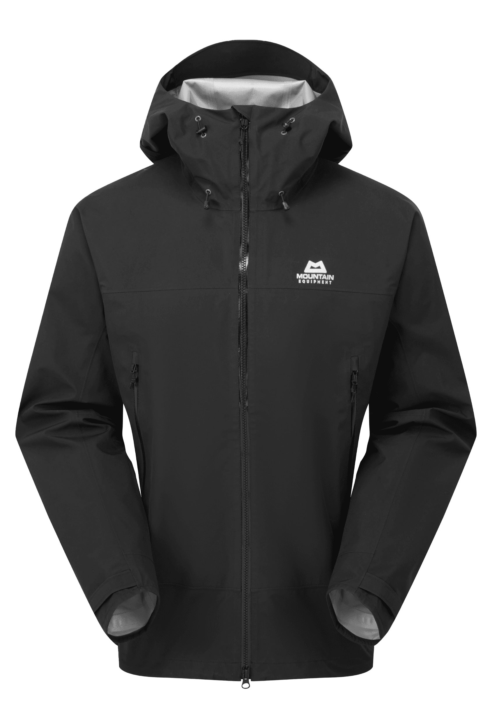 A black hooded rain jacket with a full front zipper, zippered hand pockets, and a white Mountain Equipment brand logo on the left chest, shown against a plain white background.
