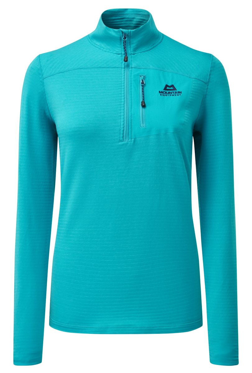 A women's long-sleeve quarter-zip pullover in a vibrant turquoise color, featuring a zippered chest pocket and a black Mountain Equipment brand logo on the left chest, set against a plain white background.