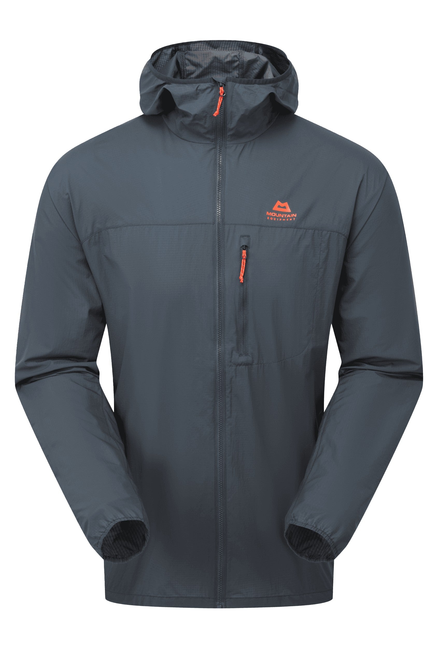 A dark gray hooded technical jacket with orange zipper pulls and a small orange logo on the left chest, displayed on a clean white background.