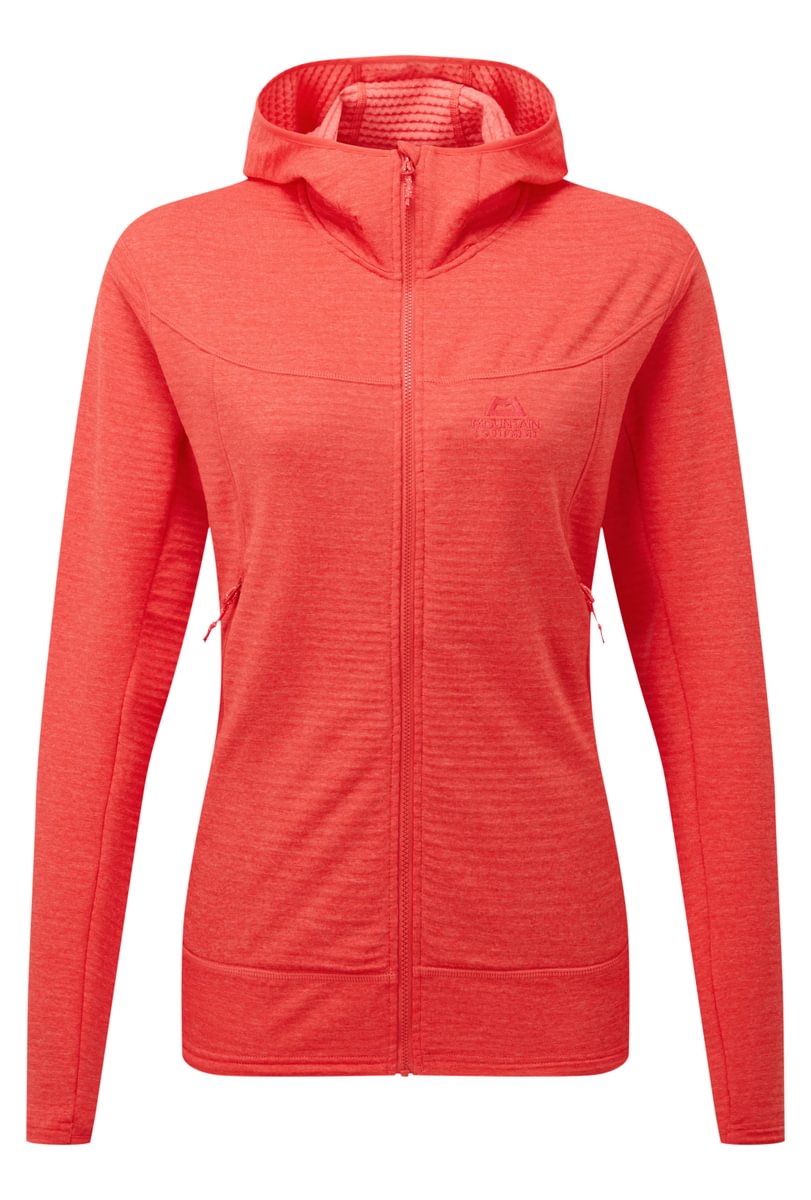 A reddish orange Mountain Equipment hoodie in a white background.